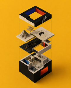 An exploded isometric 3D rendering of a modern minimalist building against a solid yellow background, featuring vertically stacked layers that include a geometric roof, a Bagua compass with a miniature mountain and tree, a black floor plan, and a base courtyard with a reflective pool.