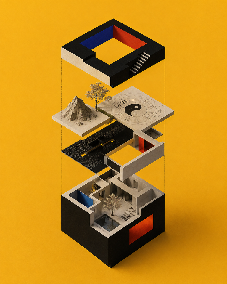 An exploded isometric 3D rendering of a modern minimalist building against a solid yellow background, featuring vertically stacked layers that include a geometric roof, a Bagua compass with a miniature mountain and tree, a black floor plan, and a base courtyard with a reflective pool.
