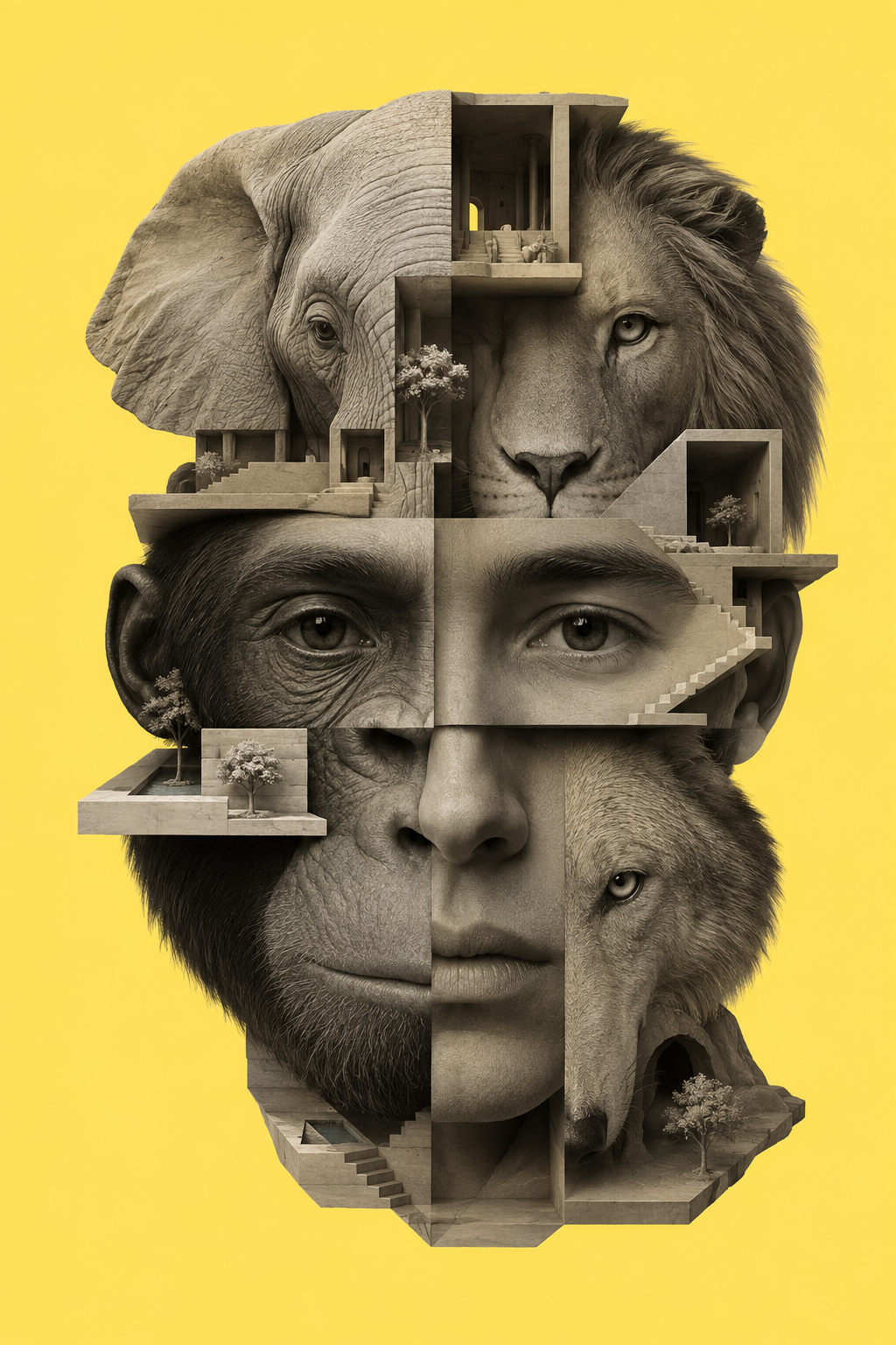 A composite digital portrait on a yellow background, featuring interlocking block-like segments of a human, chimpanzee, elephant, lion, and wolf face, detailed with miniature architectural stairs and trees.