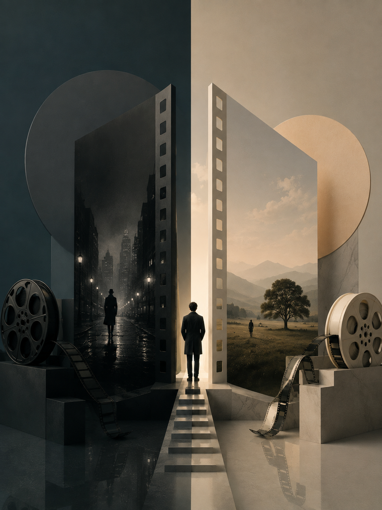 A conceptual image split symmetrically into dark and light halves, featuring a man on a staircase facing two giant vertical film strips. The left strip shows a dark noir cityscape, while the right displays a bright rural landscape, both flanked by large film reels on pedestals.