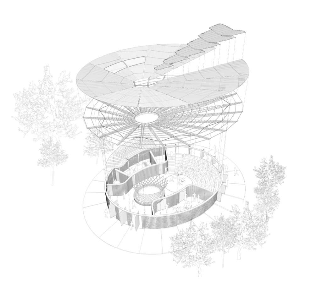 Architectural exploded axonometric drawing detailing the construction layers of the Bidi Bidi Performing Arts Centre, illustrating the relation between earth walls, steel trusses, and the funnel roof.