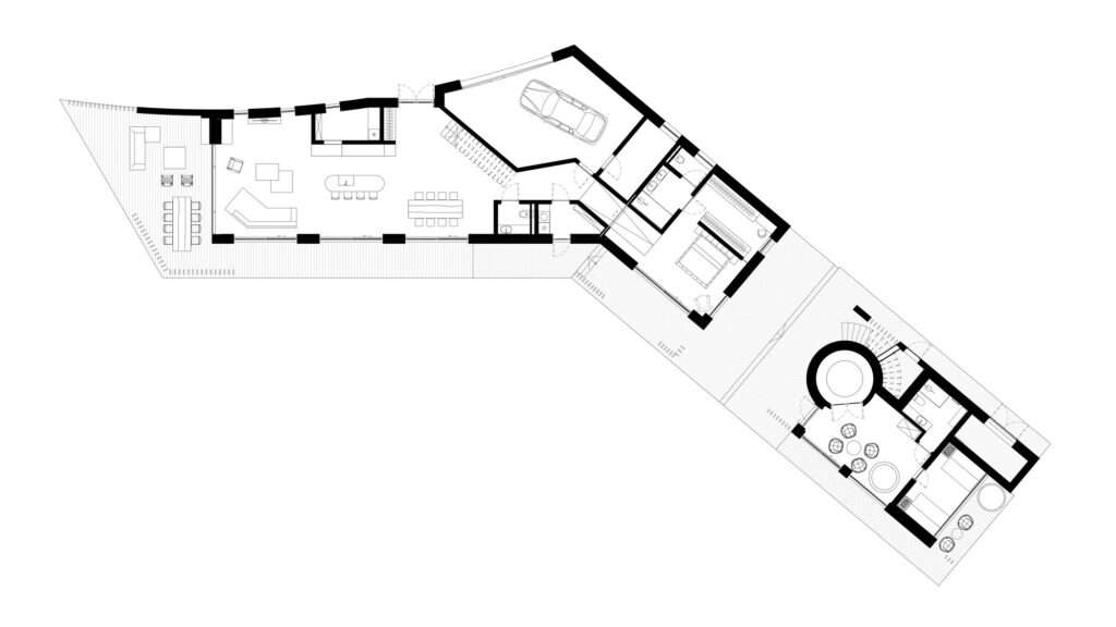 Architectural ground floor plan drawing of BPROM house showing garage, living spaces, dining room, and separate curved pavilion.