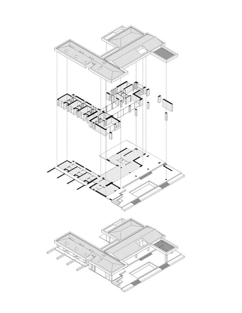 Architectural exploded axonometric diagram showing structural layers, roof layouts, and floor plans for Talleru House.
