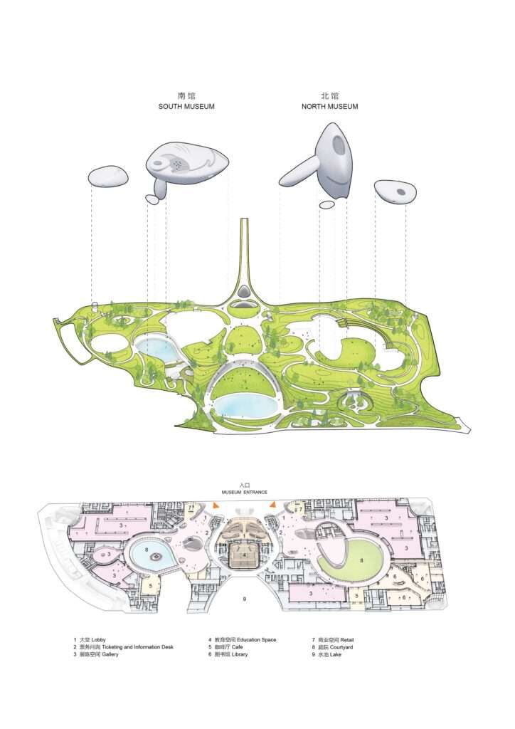 Architectural spatial diagram and floor plan of Shenzhen Bay Culture Square showing South Museum, North Museum, and subterranean gallery layout.