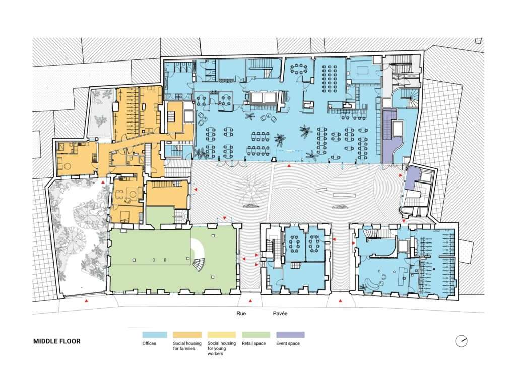 Color-coded ground floor architectural plan layout of Rue Pavée project showing offices, social housing, retail, and event spaces.