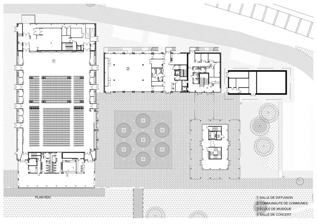 Architectural ground floor plan diagram of La Tuilerie cultural center showing program layout including diffusion hall, community spaces, and music school.