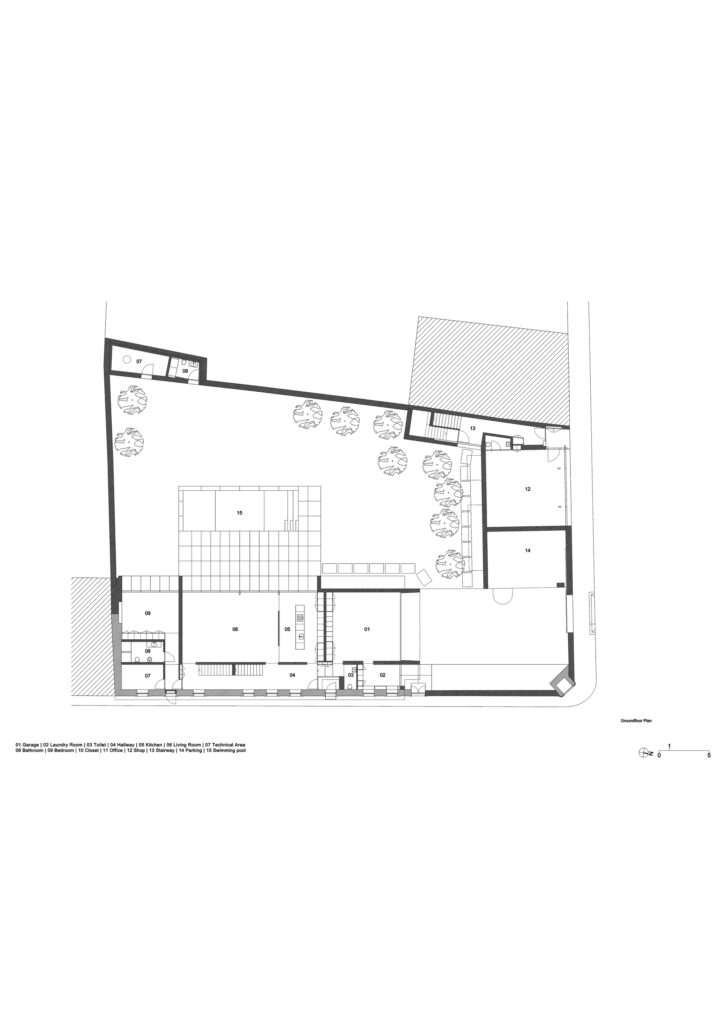 Architectural ground floor plan drawing showing the layout of the house, garage, inner courtyard with pool, and adjacent shop unit.