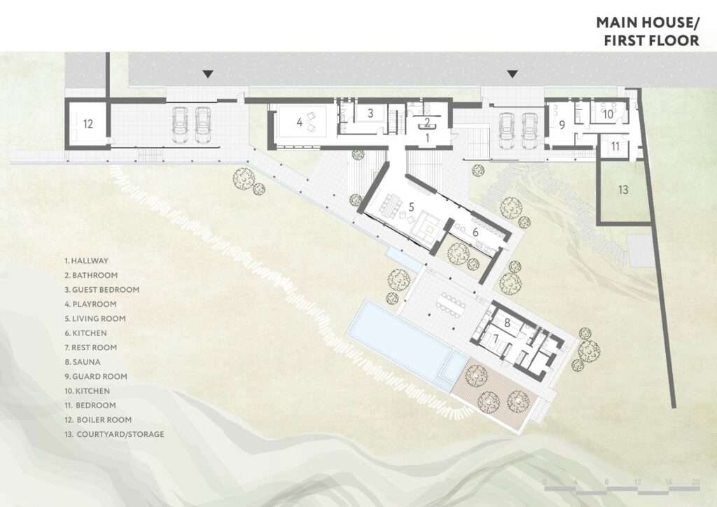 Architectural first floor plan diagram of Buladala House main building layout including swimming pool, living spaces, and room labels.