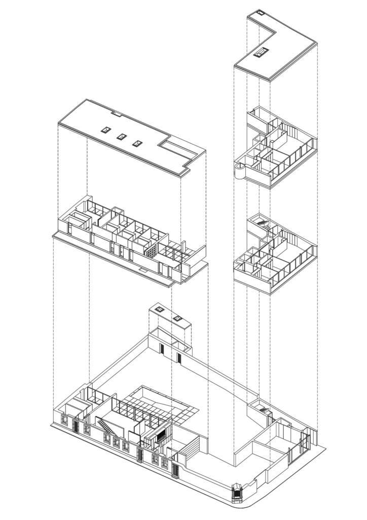 Exploded axonometric architectural diagram showing the structural layers, floors, and volume distribution of the two buildings.