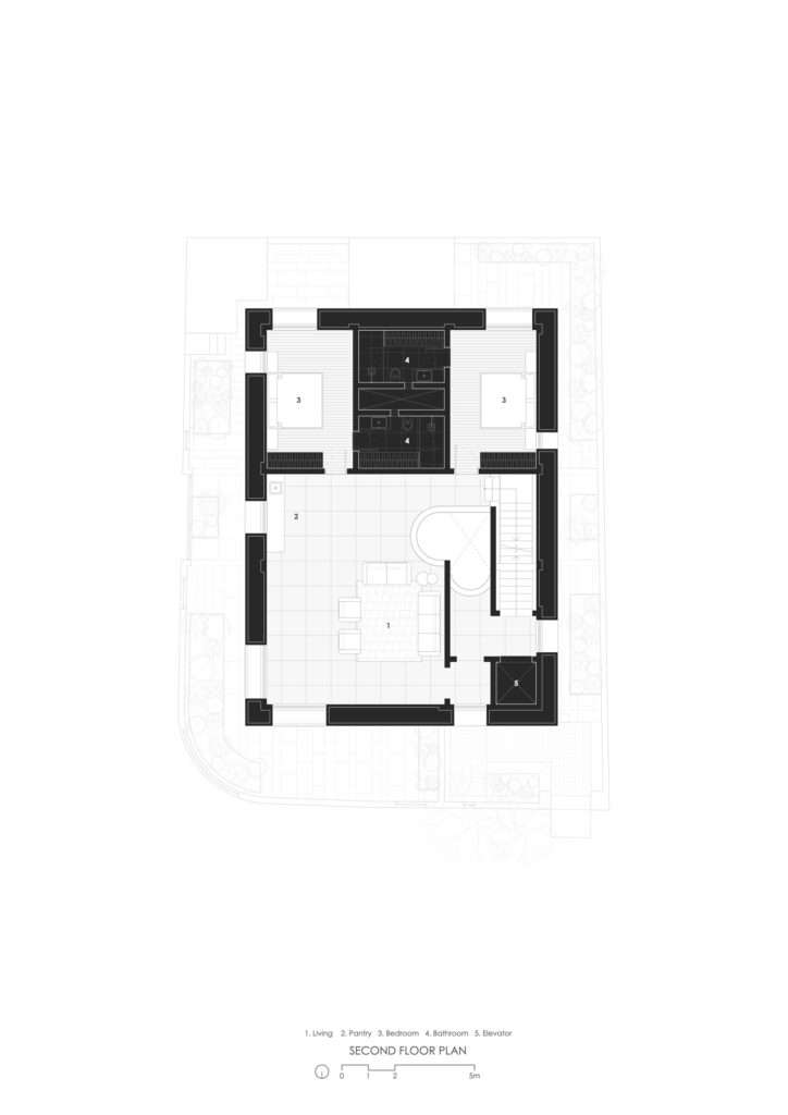 Architectural second floor plan drawing showing bedroom suites, central living area, pantry, and stair atrium cutout.