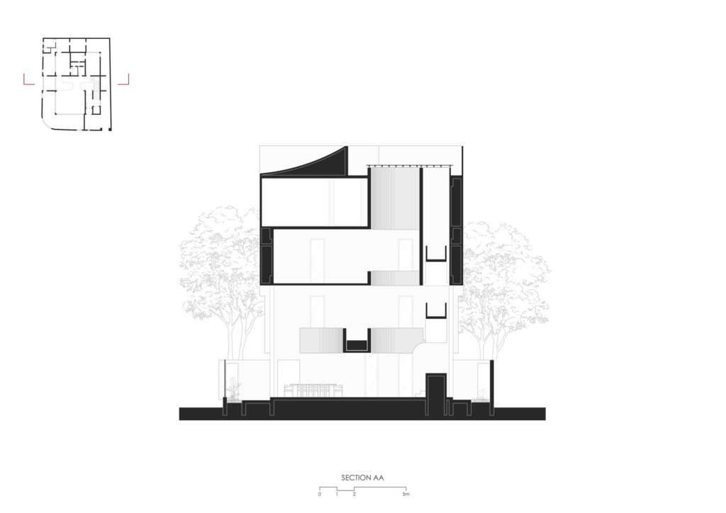 Architectural building section AA drawing showing the vertical stacking of floors, central atrium void, roof form, and street-level courtyard walls.