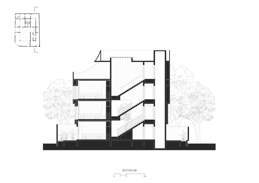 Architectural building section BB drawing showing the vertical circulation staircase, elevator shaft, stacked bedroom levels, and curved roof parapet profile.