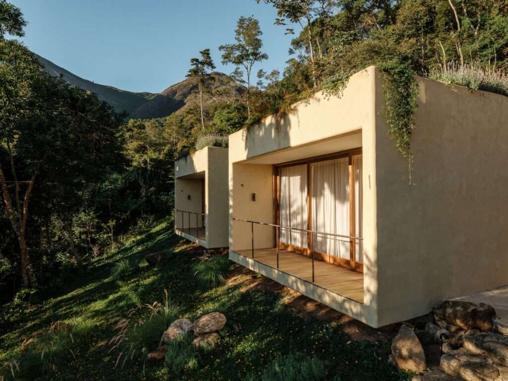 Detailed exterior angle of a plaster-finished concrete suite box with recessed balcony and native foliage greenery.