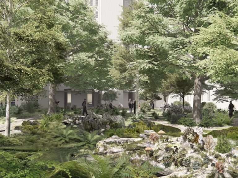 Dense green urban forest ground level featuring ferns, mossy rocks, native flora, and people walking along shaded pathways.