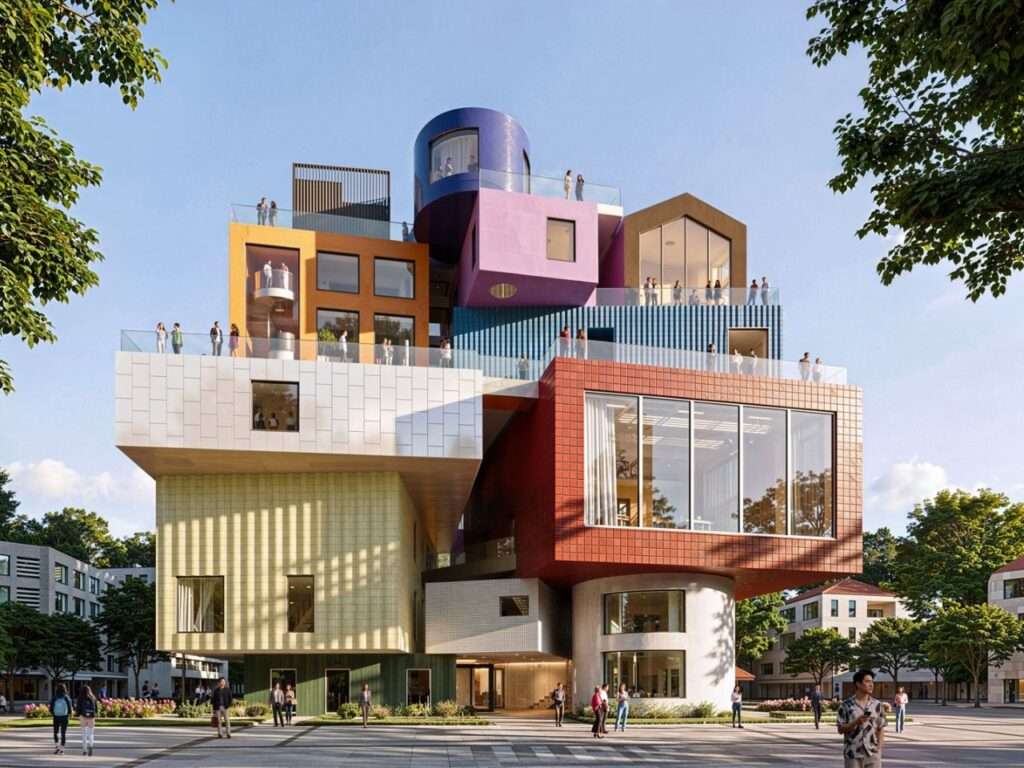 Front view of Bihailou Art Village featuring colorful stacked modular blocks forming a vertical village with open terraces and visitors.