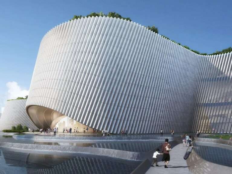 Granite clad facade and main entrance arch of the Shenzhen Natural History Museum designed by 3XN