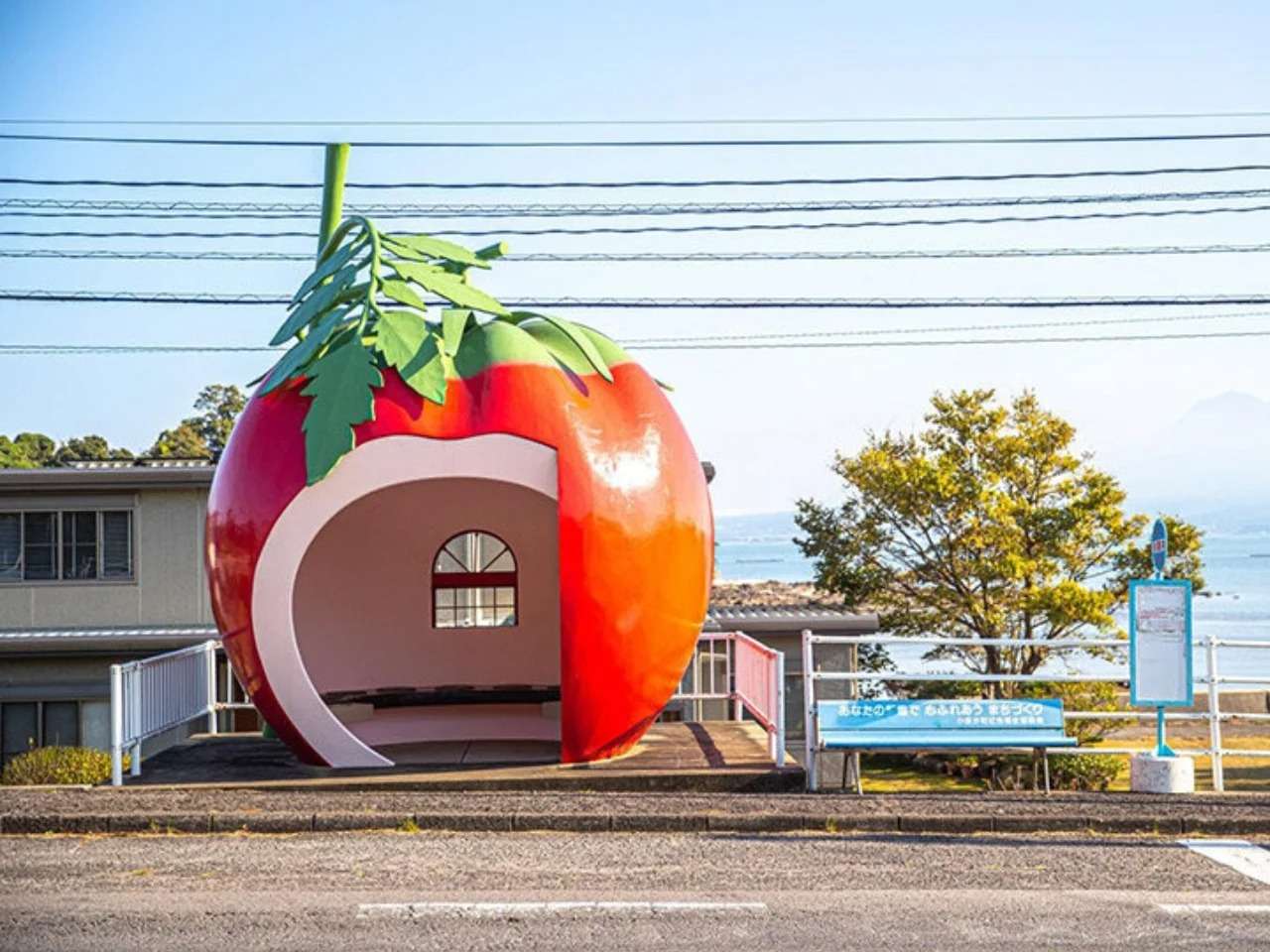 Front view of a tomato-shaped bus stop shelter with a hollowed entryway and leaf details on Route 207 in Konagai.