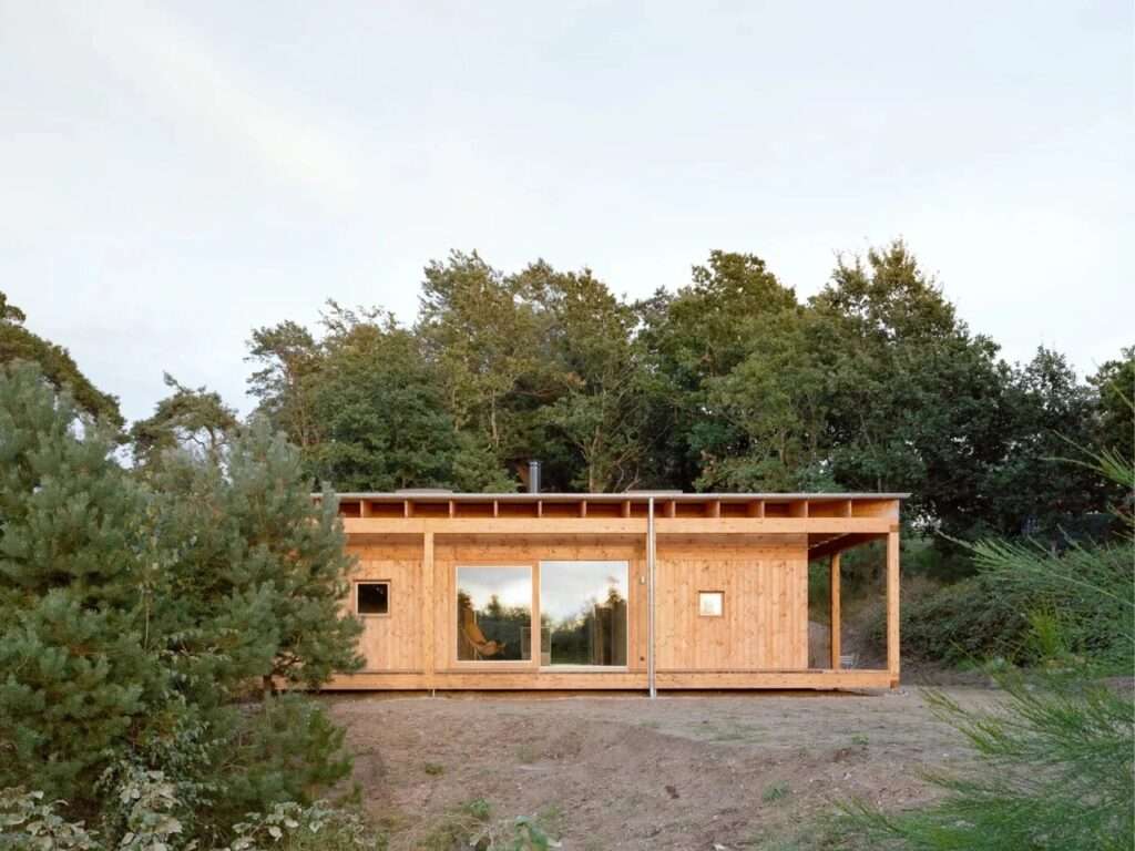 Exterior of a contemporary all-wood house in Ebeltoft with deep overhangs and large glass sliding doors, nestled against a background of dense green trees under a pale sky.