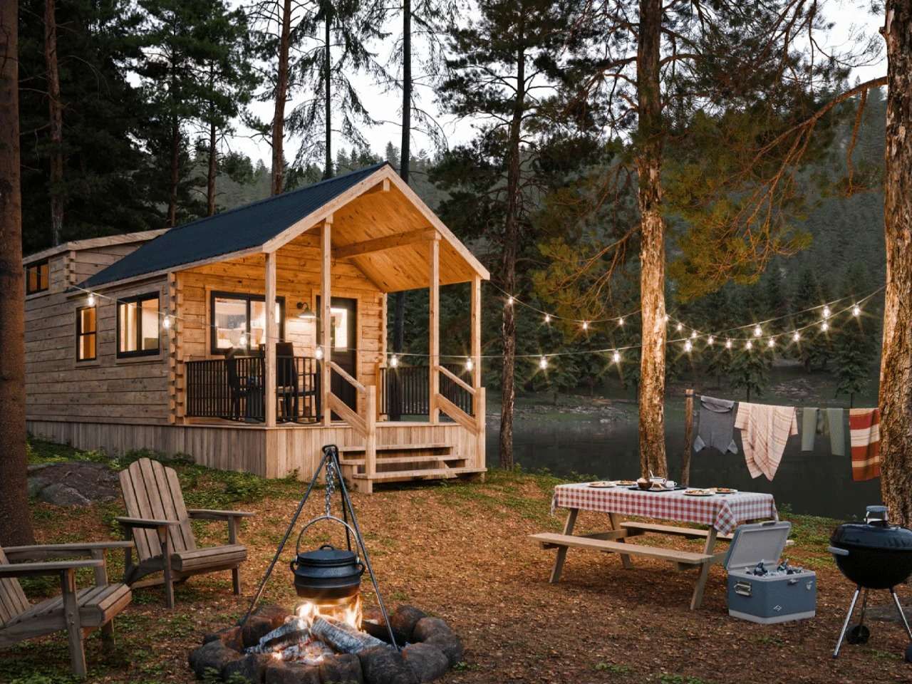 Exterior view of the wooden Aspen Park Model cabin with a dark metal gable roof, covered front porch, string lights, and an outdoor campfire setup in a forest clearing.