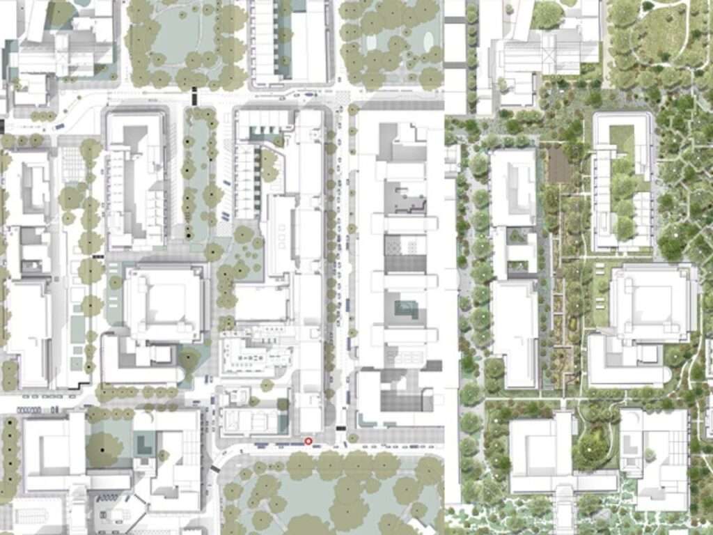 Architectural master site plan showing urban block layouts alongside restored ecological green networks and pedestrian routes.