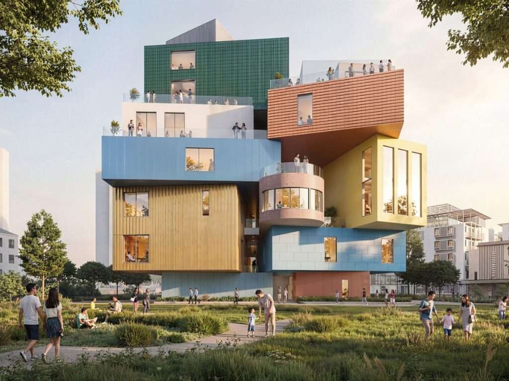 Full facade view of Bihailou Art Village from a surrounding green park showing stacked yellow, blue, and terracotta volumes.