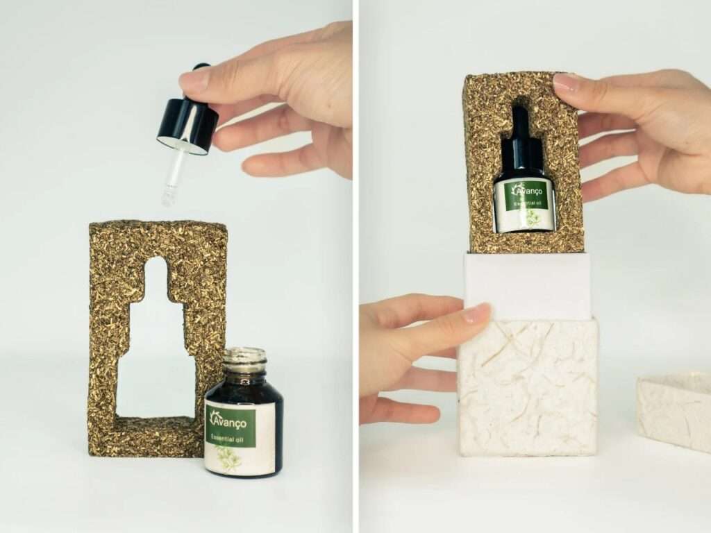 Split photo showing hands lifting the essential oil packaging insert out of its outer sleeve on the right, and using the dropper bottle next to the freestanding block on the left.