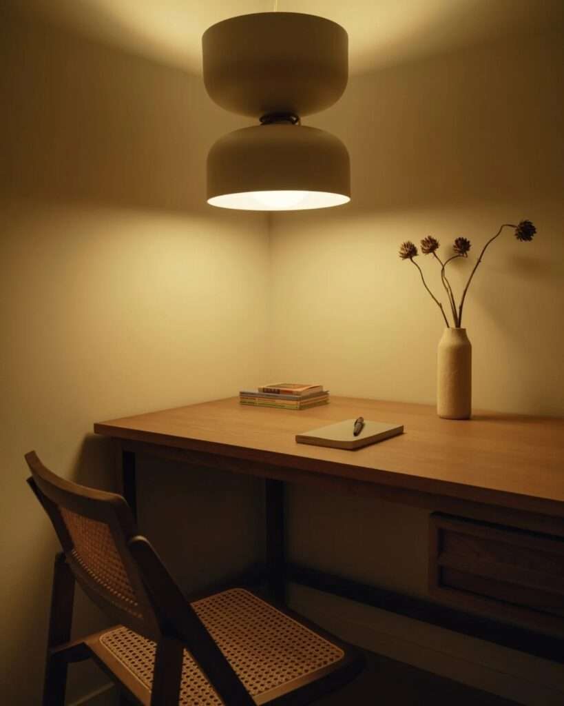 A cozy interior study nook with a wooden writing desk, woven cane chair, minimalist pendant lamp, and small vase on the desk.
