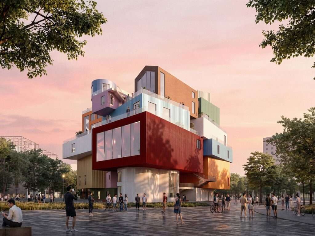 Exterior dusk view of Bihailou Art Village with prominent red cantilevered volume overlooking an open urban plaza.