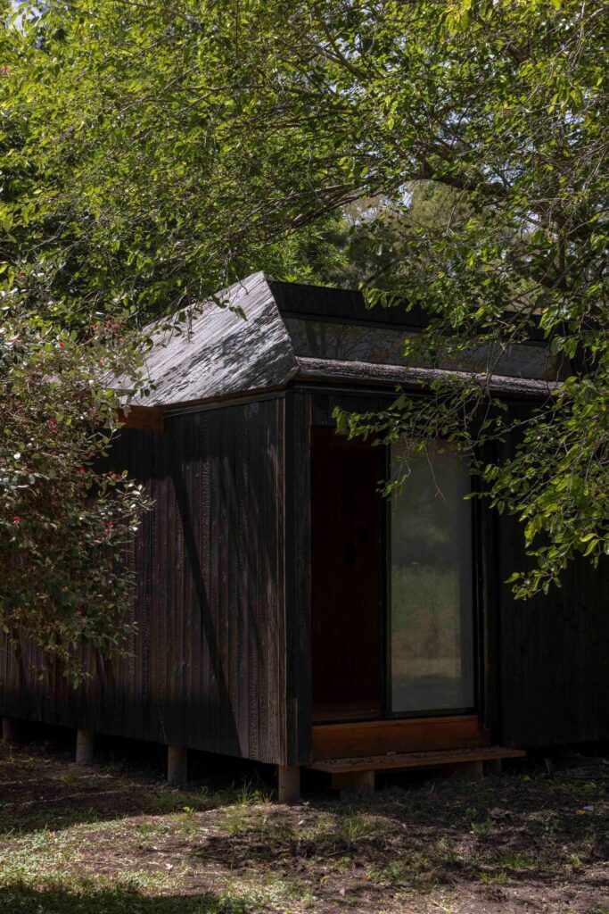 Low-angle close-up of Etchegoyen House featuring dark vertical timber cladding framed by tree branches and a glass door opening.