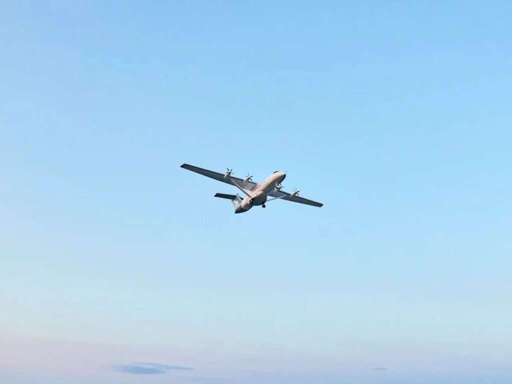 Heart X1 battery-electric aircraft climbing sharply into a blue sky during takeoff.