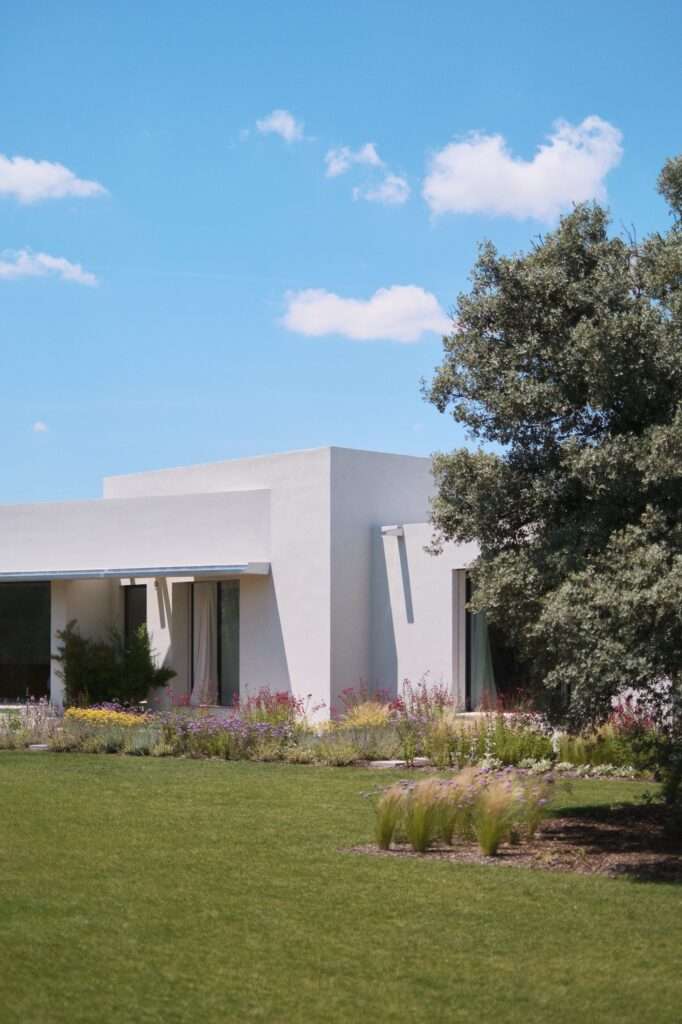 Exterior view of the minimalist white facade of Naseem House next to a large oak tree and a manicured green lawn framed by colorful garden beds.