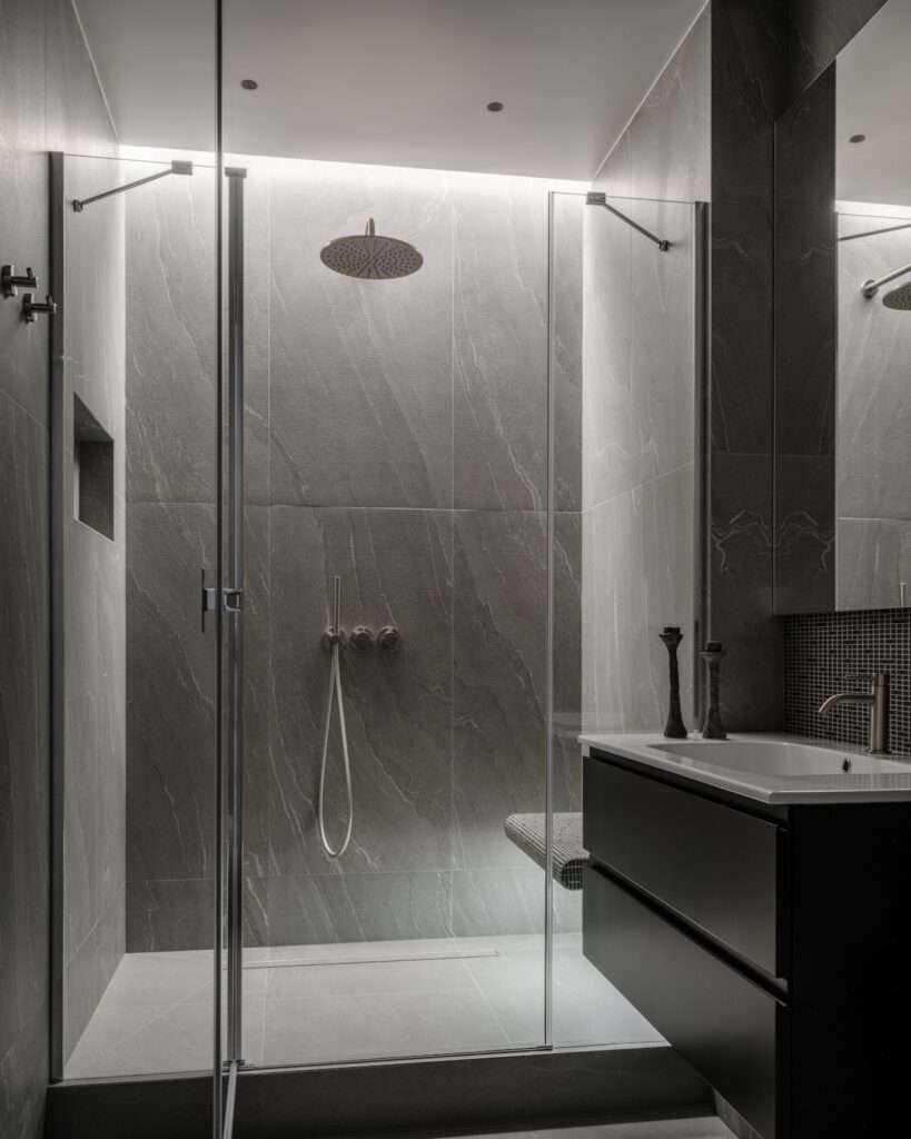 Modern walk-in shower room wrapped in large-format grey stone tiles with integrated LED cove lighting.
