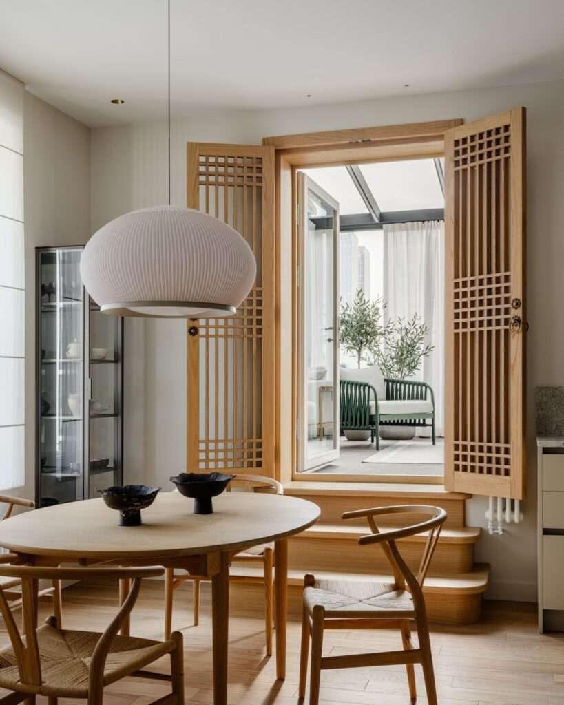 Close-up of modern round wooden dining table surrounded by woven-seat chairs in front of traditional Korean-style hinged oak doors.
