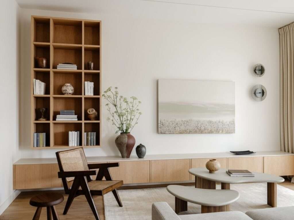 Wall-mounted oak grid bookcase and low storage console paired with an iconic lounge chair and minimalist artwork.