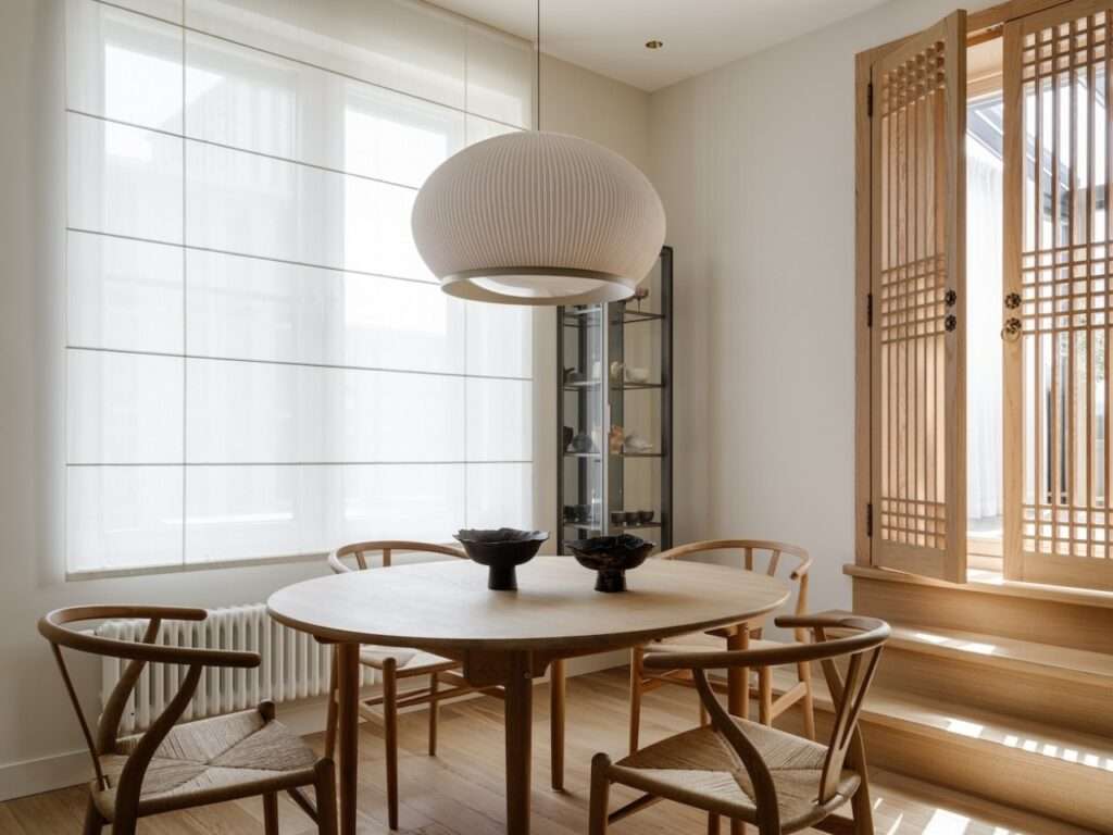 Dining area featuring a round oak table, woven Wishbone chairs, a large dome pendant light, and Korean-style latticed oak doors.