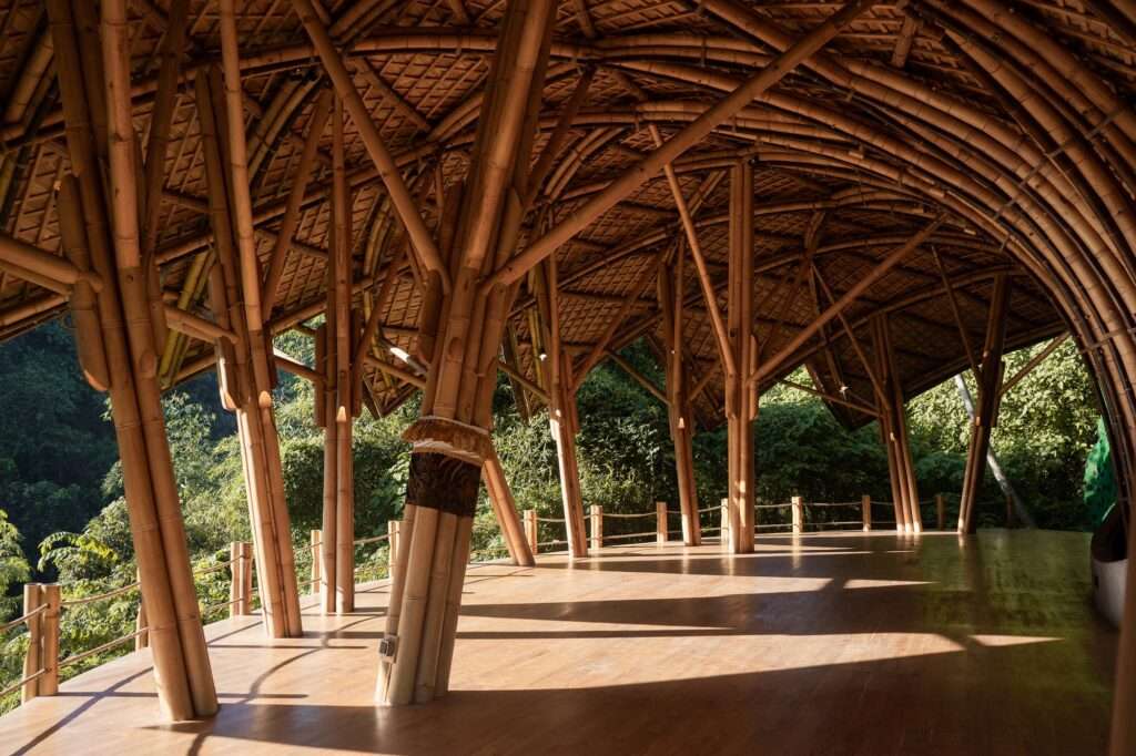 Sunlight streaming through angled bamboo columns onto the wooden yoga deck of Lotus Shala overlooking green jungle.