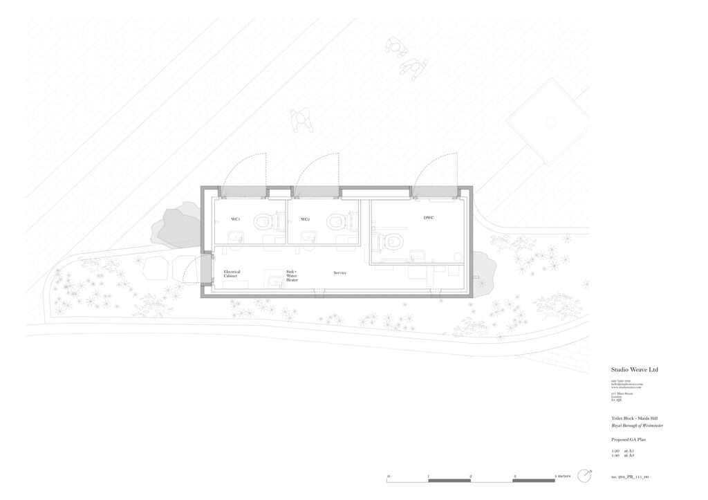 Architectural floor plan drawing for Maida Hill public toilet showing accessible WC units and service space.