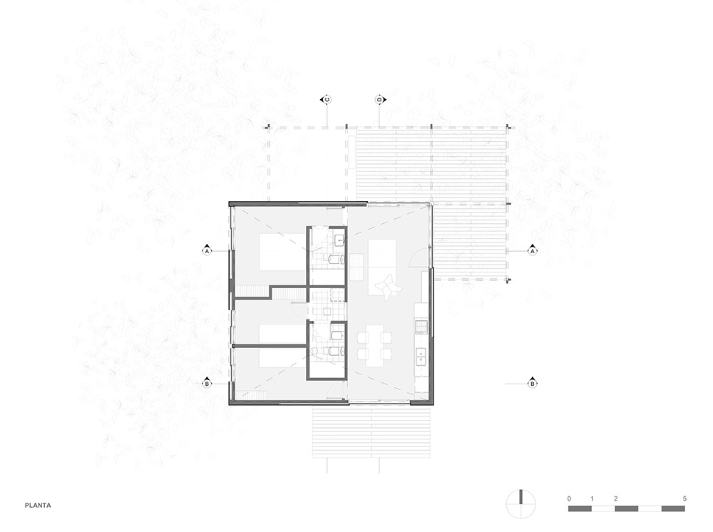 Architectural floor plan drawing of Etchegoyen House showing two bedrooms, bathrooms, open living area, and surrounding wooden decks.