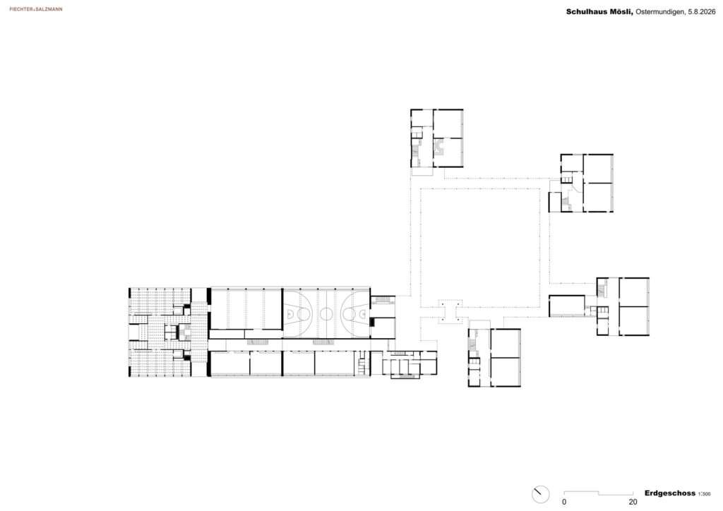 Architectural ground floor plan drawing of Schulhaus Mösli showing the central courtyard and the new western extension with sports halls.