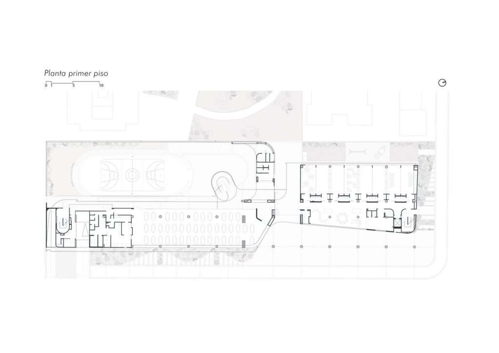Architectural floor plan drawing of the first floor of Feliza Bursztyn School showing sports court, cafeteria, and plaza.