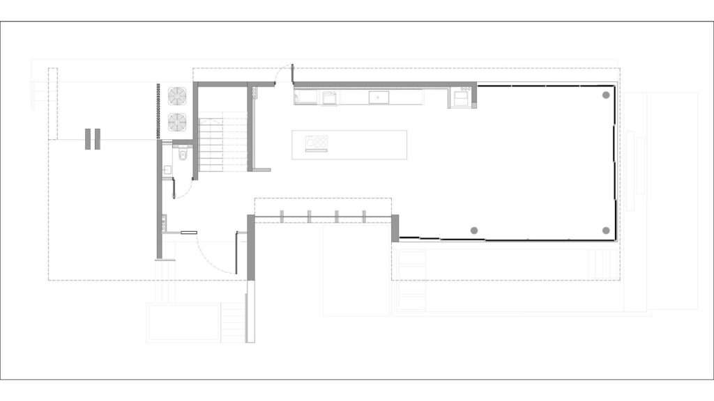 Architectural ground floor plan layout of Cherokee House displaying the kitchen island, living spaces, and staircase.