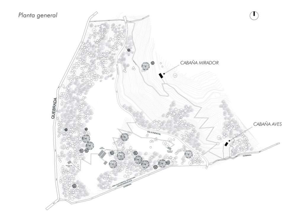 Architectural site plan drawing of Campano Frío showing forest coverage, streams, and isolated cabin locations (Cabaña Mirador and Cabaña Aves).
