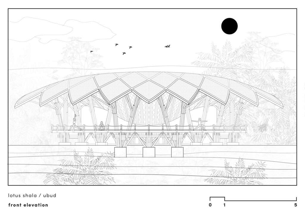 Front elevation architectural drawing of Lotus Shala showing the lotus petal roof silhouette and bamboo structural supports.