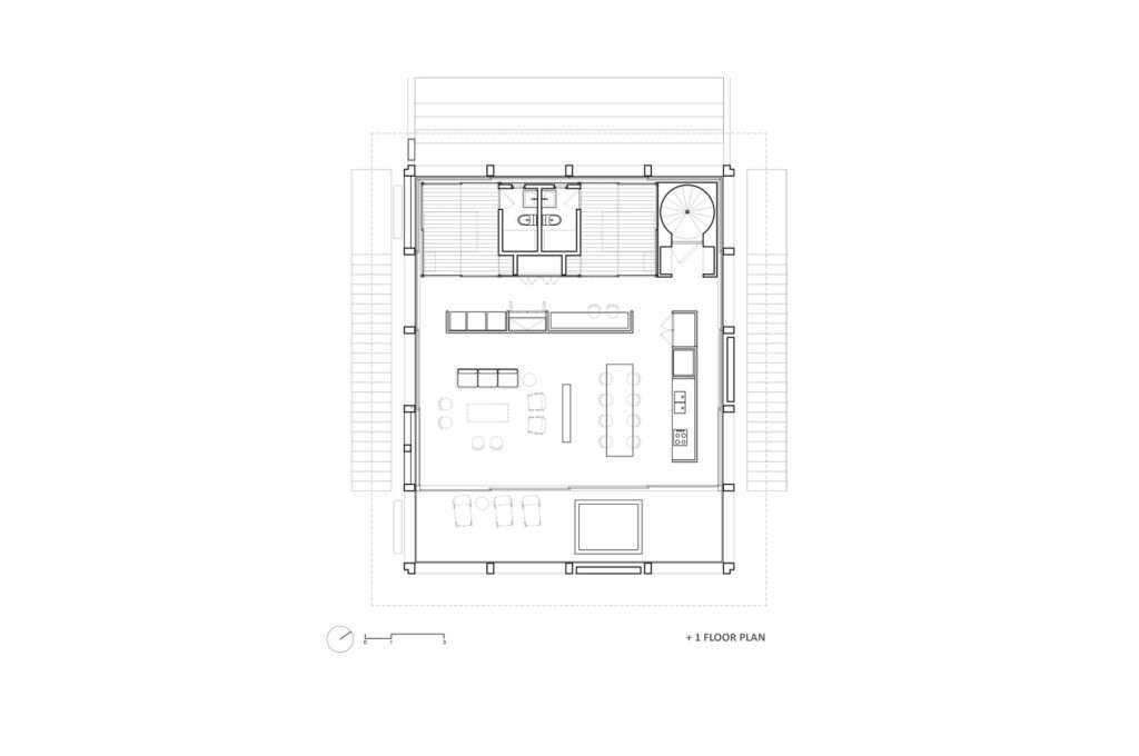 Architectural floor plan drawing of Casa Eva Level +1 showing spatial layout, furniture arrangement, service cores, stairs, and structural columns.