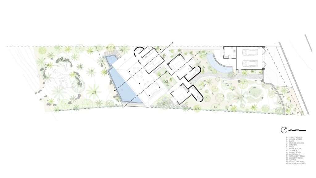 Ground floor architectural plan of the Pura Vida project showing the spatial sequence from the street entrance to the pool and landscape.