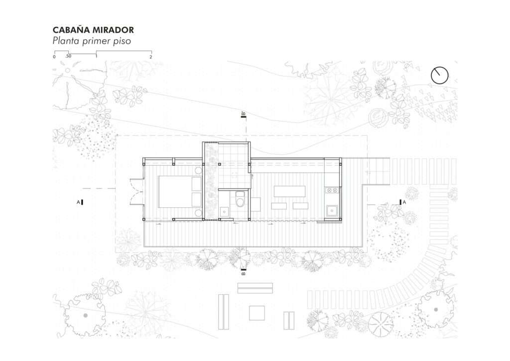 Detailed architectural floor plan drawing of Cabaña Mirador showing interior layouts, outdoor deck, and surrounding botanical landscape.