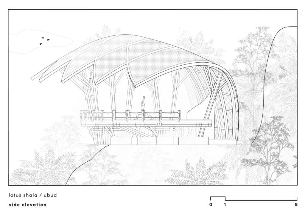 Side elevation architectural drawing of Lotus Shala built onto a sloping hillside terrain in Ubud.