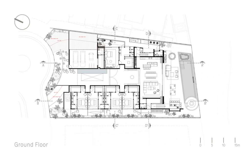 Architectural ground floor plan drawing of Casa Loto showing layout of rooms, central axis, patio, and pool area.