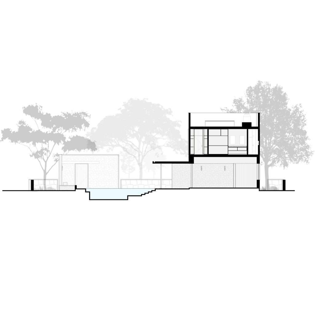 Architectural cross-section drawing of Casa Sudzal detailing the two-story living wing, pool deck, stone pavilion, and surrounding tree heights.