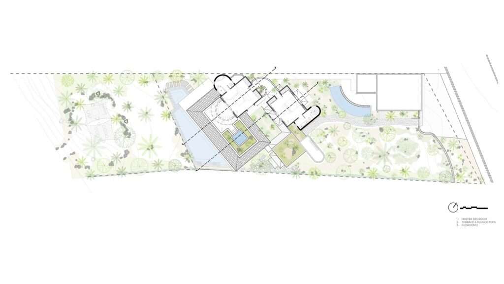 First-level architectural plan of the Pura Vida project displaying the layout of the upper bedrooms, terraces, and the central courtyard void.